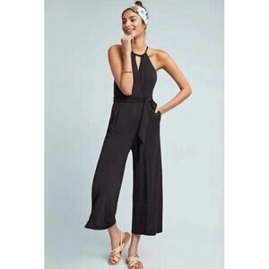 Anthropologie Maeve Corinna Halter Belted Black Jumpsuit Wide Leg Pockets XS